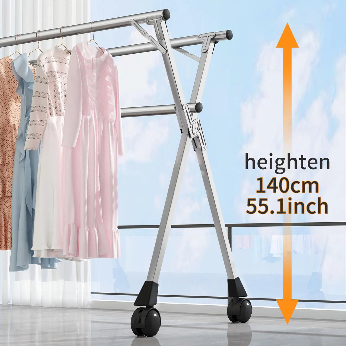 Foldable Stainless Steel Clothes Drying Rack with Wheels