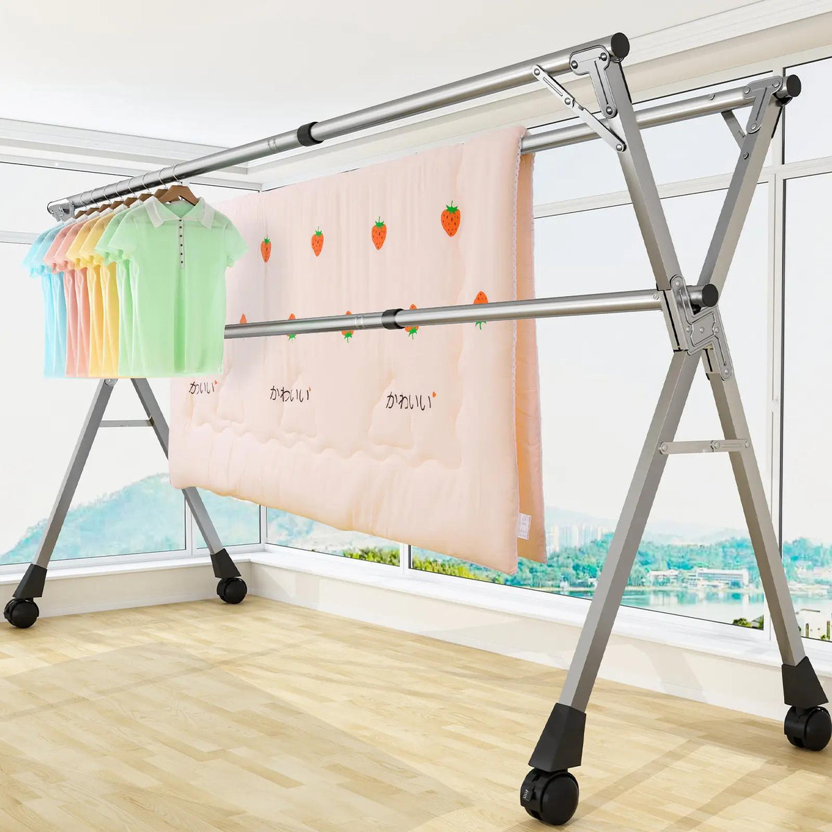 Foldable Stainless Steel Clothes Drying Rack with Wheels