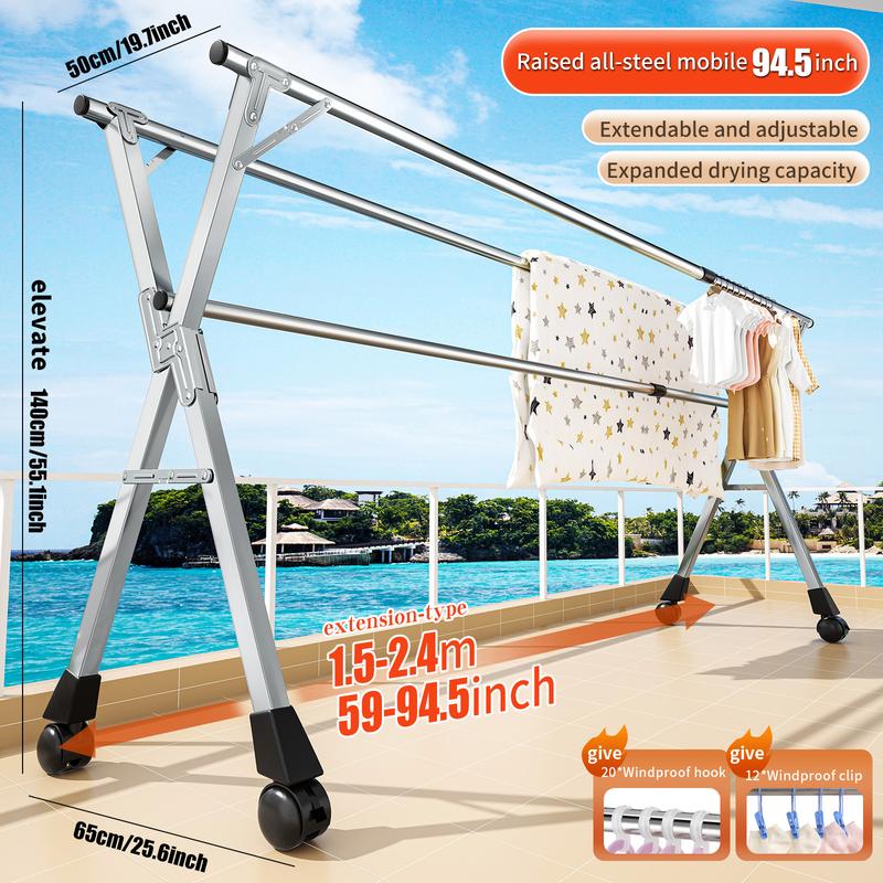 Foldable Stainless Steel Clothes Drying Rack with Wheels